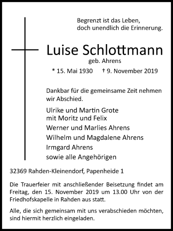 Traueranzeige von Luise Schlottmann von Westfalen-Blatt