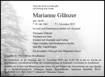 Traueranzeige von Marianne Glänzer von Westfalen-Blatt