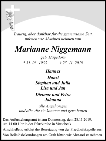Traueranzeige von Marianne Niggemann von Westfalen-Blatt