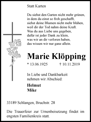 Traueranzeige von Marie Klöpping von Westfalen-Blatt