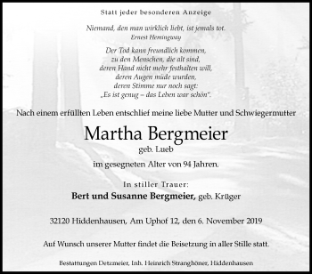 Traueranzeige von Martha Bergmeier von Westfalen-Blatt