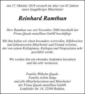 Traueranzeige von Reinhard Ramthun von Westfalen-Blatt
