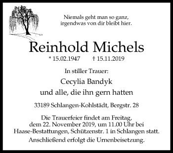 Traueranzeige von Reinhold Michels von Westfalen-Blatt