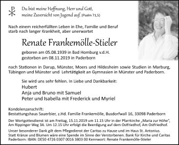 Traueranzeige von Renate Frankemölle-Stieler von Westfalen-Blatt
