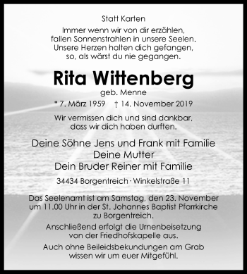 Traueranzeige von Rita Wittenberg von Westfalen-Blatt