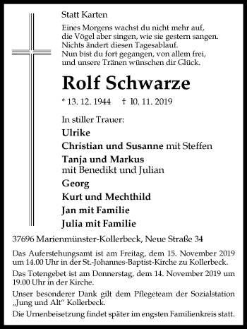 Traueranzeige von Rolf Schwarze von Westfalen-Blatt