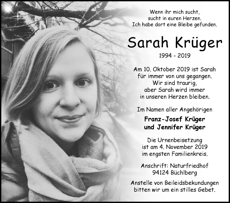  Traueranzeige für Sarah Krüger vom 01.11.2019 aus Westfalen-Blatt