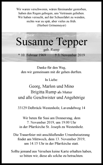Traueranzeige von Susanne Tepper von Westfalen-Blatt