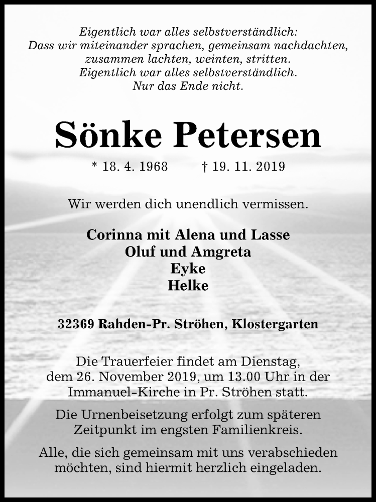  Traueranzeige für Sönke Petersen vom 21.11.2019 aus Westfalen-Blatt