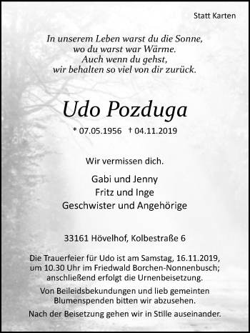 Traueranzeige von Udo Pozduga von Westfalen-Blatt
