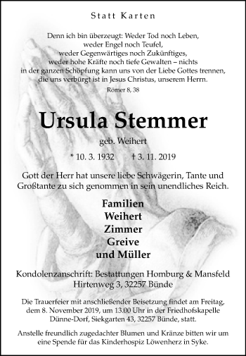 Traueranzeige von Ursula Stemmer von Westfalen-Blatt