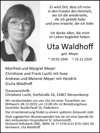 Traueranzeige von Uta Waldhoff von Westfalen-Blatt