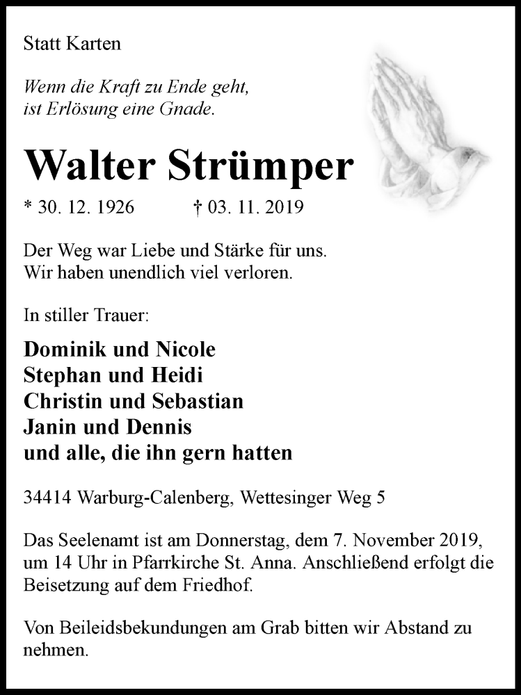  Traueranzeige für Walter Strümper vom 05.11.2019 aus Westfalen-Blatt