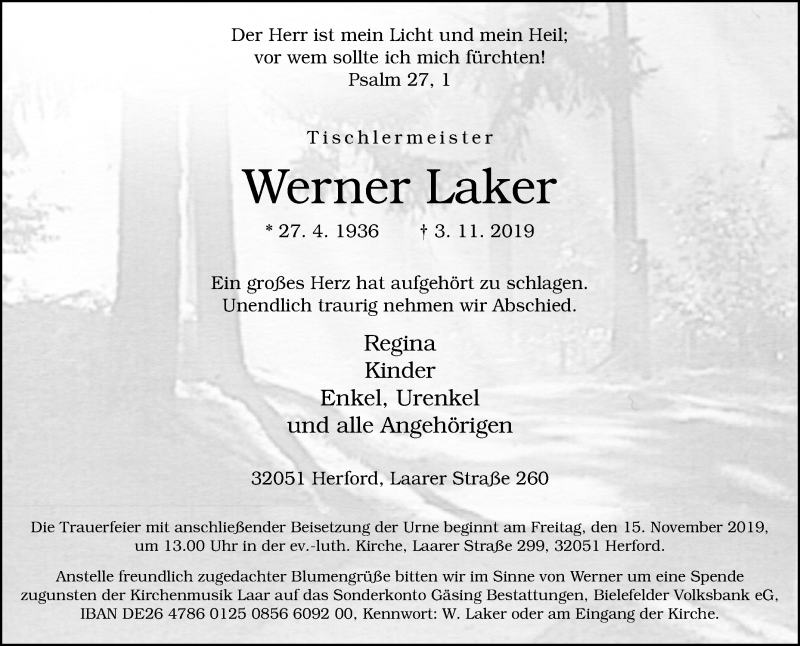  Traueranzeige für Werner Laker vom 09.11.2019 aus Westfalen-Blatt