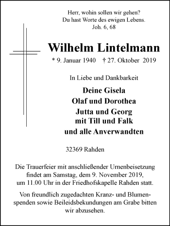 Traueranzeige von Wilhelm Lintelmann von Westfalen-Blatt