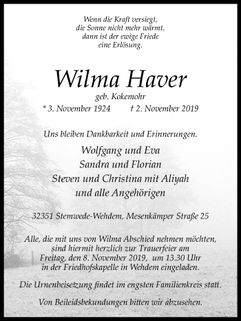 Traueranzeige von Wilma Haver von Westfalen-Blatt