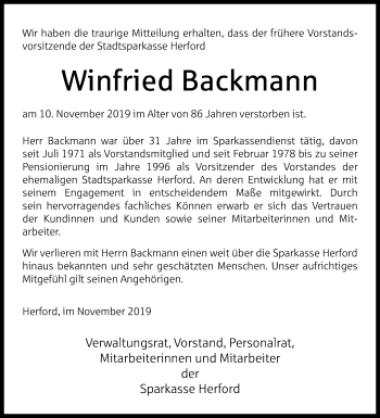 Traueranzeige von Winfried Backmann von Westfalen-Blatt