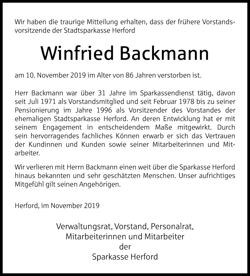  Traueranzeige für Winfried Backmann vom 16.11.2019 aus Westfalen-Blatt