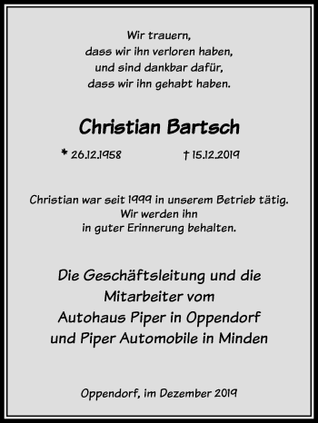 Traueranzeige von Christian Bartsch von Westfalen-Blatt