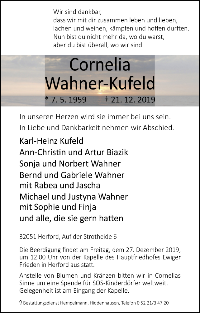  Traueranzeige für Cornelia Wahner-Kufeld vom 23.12.2019 aus Westfalen-Blatt