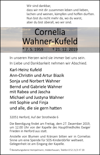Traueranzeige von Cornelia Wahner-Kufeld von Westfalen-Blatt