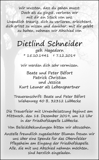 Traueranzeige von Dietlind Schneider von Westfalen-Blatt