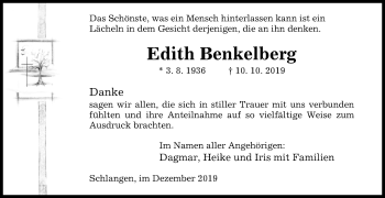Traueranzeige von Edith Benkelberg von Westfalen-Blatt