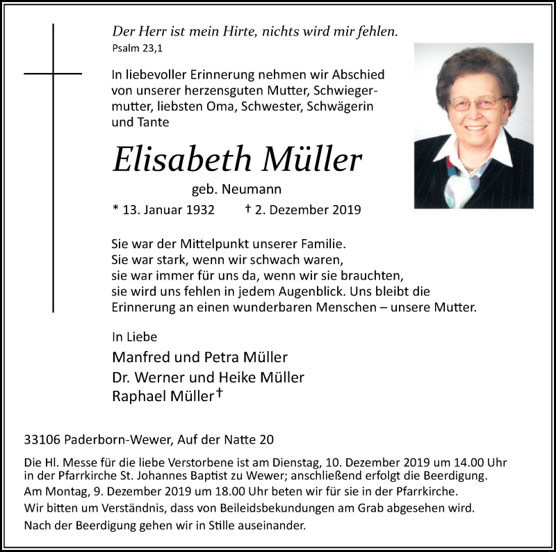  Traueranzeige für Elisabeth Müller vom 07.12.2019 aus Westfalen-Blatt