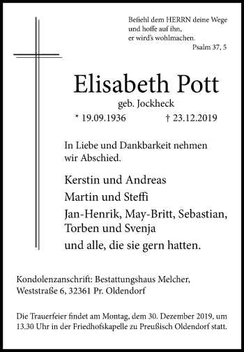 Traueranzeige von Elisabeth Pott von Westfalen-Blatt