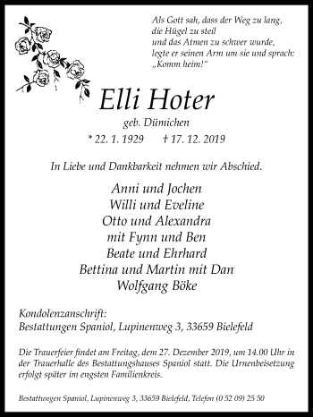 Traueranzeige von Elli Hoter von Westfalen-Blatt