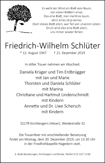 Traueranzeige von Friedrich-Wilhelm Schlüter von Westfalen-Blatt