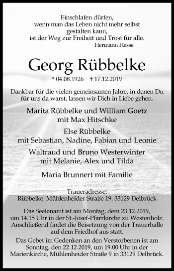 Traueranzeige von Georg Rübbelke von Westfalen-Blatt