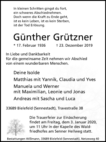 Traueranzeige von Günther Grützner von Westfalen-Blatt