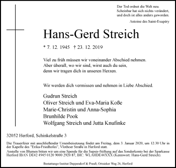 Traueranzeige von Hans-Gerd Streich von Westfalen-Blatt
