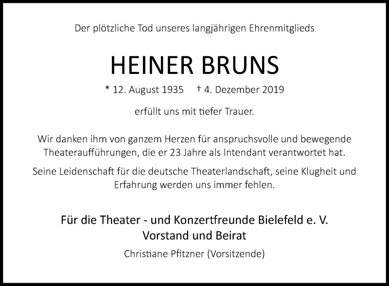  Traueranzeige für Heiner Bruns vom 07.12.2019 aus Westfalen-Blatt