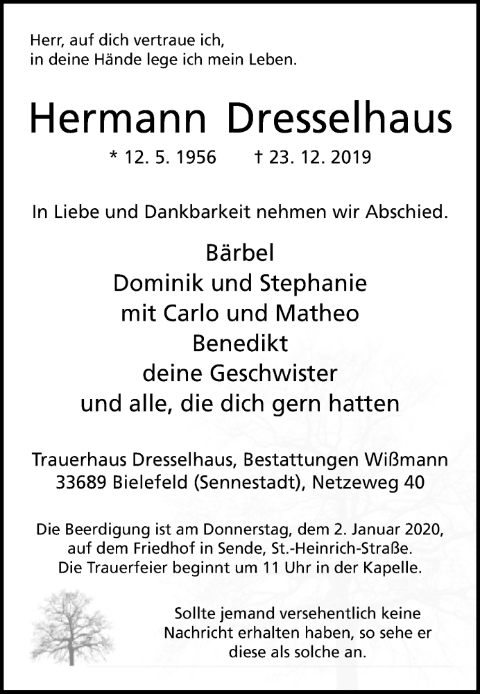  Traueranzeige für Hermann Dresselhaus vom 28.12.2019 aus Westfalen-Blatt