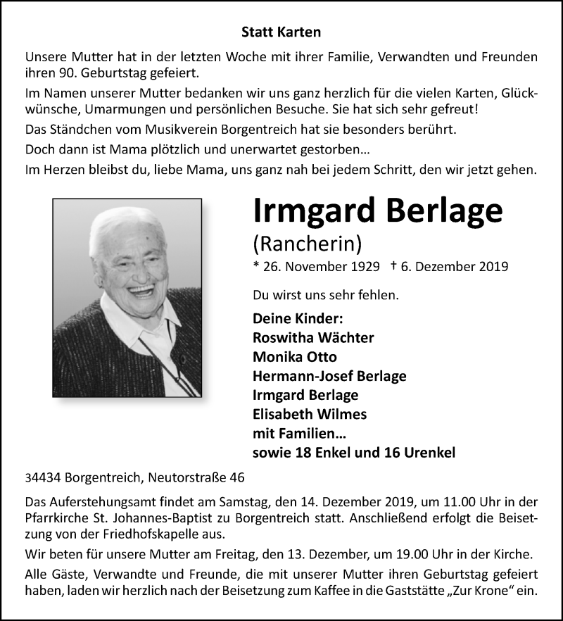  Traueranzeige für Irmgard Berlage vom 10.12.2019 aus Westfalen-Blatt