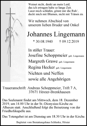 Traueranzeige von Johannes Lingemann von Westfalen-Blatt