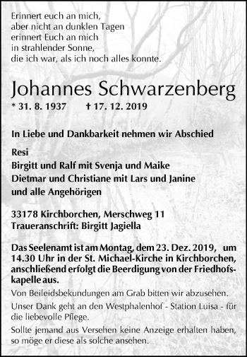 Traueranzeige von Johannes Schwarzenberg von Westfalen-Blatt
