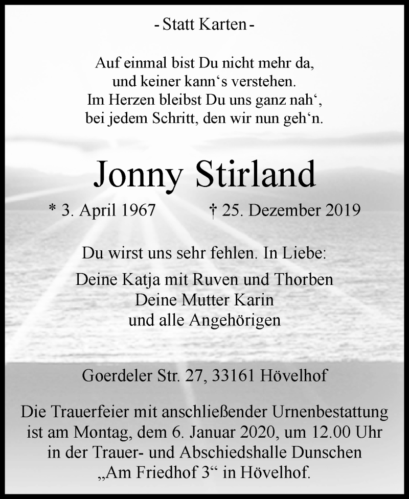  Traueranzeige für Jonny Stirland vom 28.12.2019 aus Westfalen-Blatt