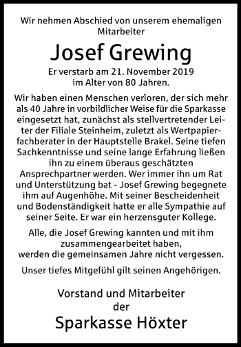 Traueranzeige von Josef Grewing von Westfalen-Blatt