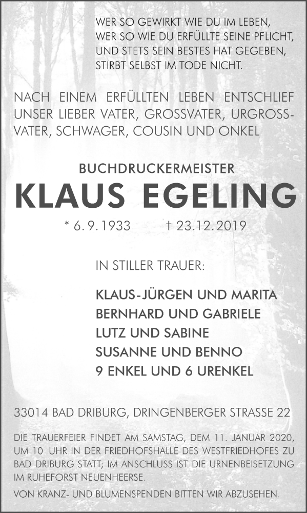  Traueranzeige für Klaus Egerling vom 28.12.2019 aus Westfalen-Blatt