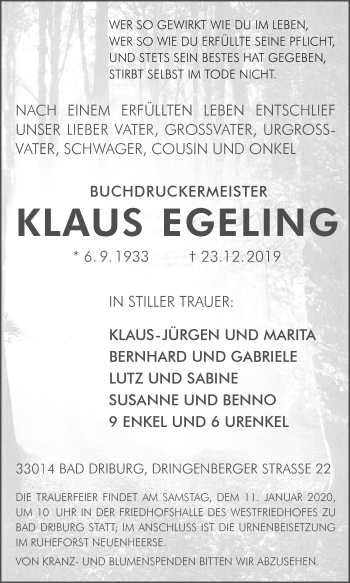 Traueranzeige von Klaus Egerling von Westfalen-Blatt