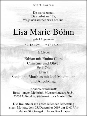 Traueranzeige von Lisa Marie Böhm von Westfalen-Blatt
