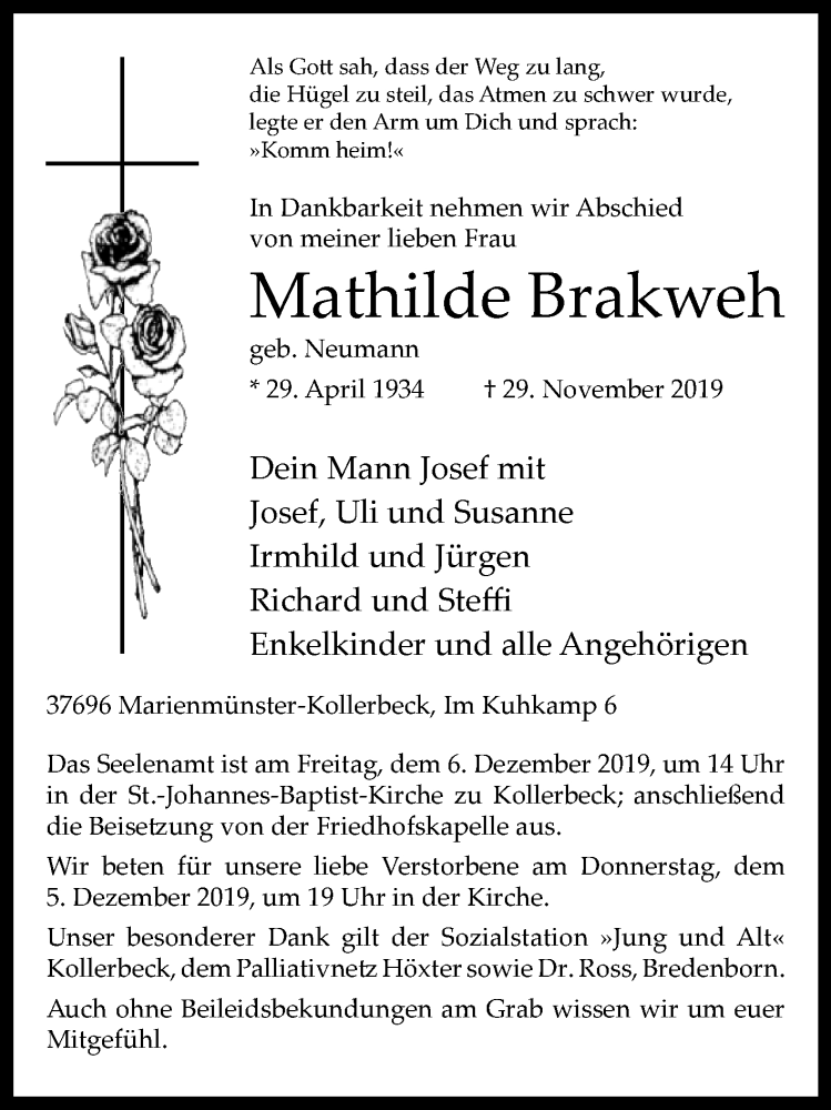  Traueranzeige für Mathilde Brakweh vom 03.12.2019 aus Westfalen-Blatt