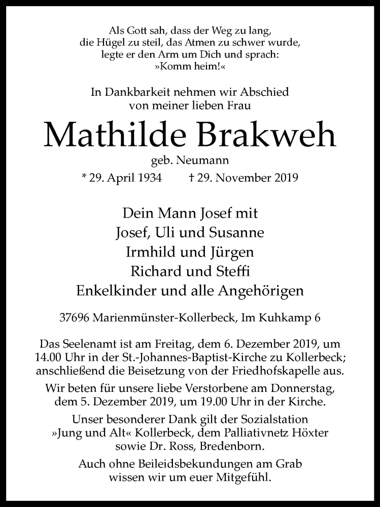  Traueranzeige für Mathilde Brakweh vom 02.12.2019 aus Westfalen-Blatt
