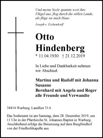 Traueranzeige von Otto Hindenberg von Westfalen-Blatt