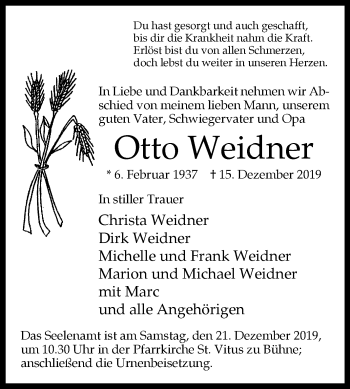 Traueranzeige von Otto Weidner von Westfalen-Blatt