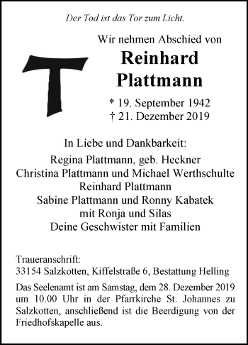 Traueranzeige von Reinhard Plattmann von Westfalen-Blatt