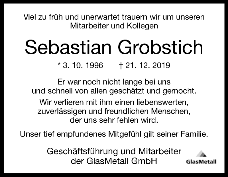  Traueranzeige für Sebastian Grobstich vom 24.12.2019 aus Westfalen-Blatt